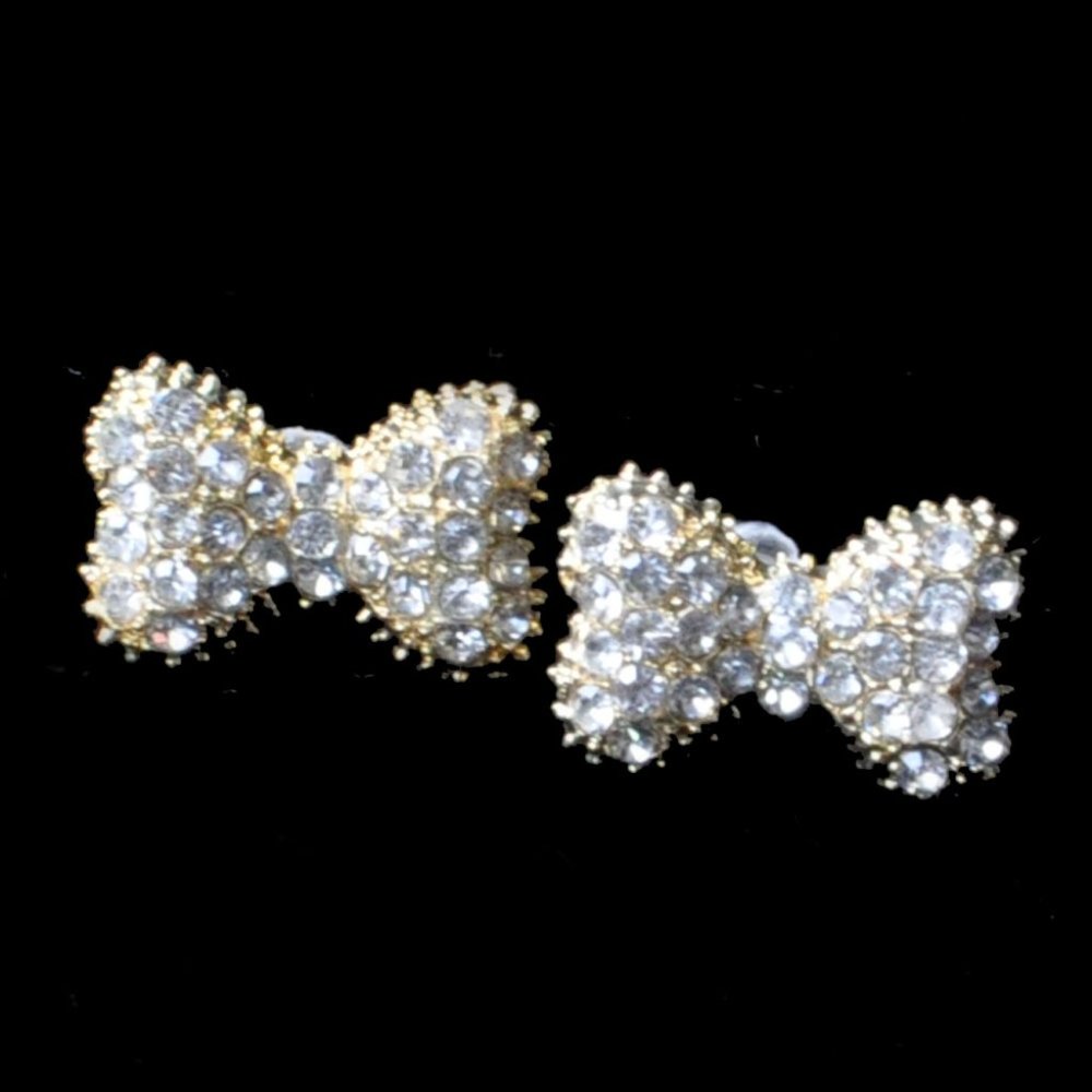 Women Casual Party Evening Cute Gold Bow Causal Rhinestone Jewelry Stud Earrings